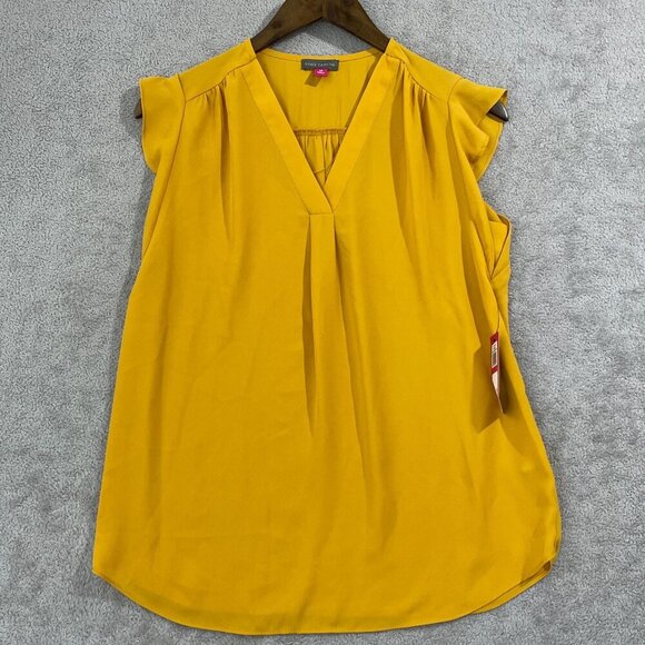 NEW Vince Camuto Womens XS V-Neck Flutter-Sleeve Golden Yellow Blouse Sheer - Picture 2 of 9